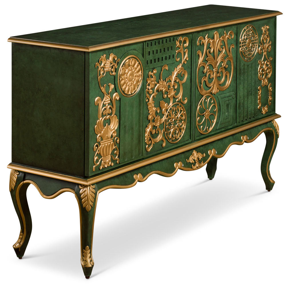 Emerald Green Zen Modern Asian Cabinet with Embossed Gold Flower Pattern