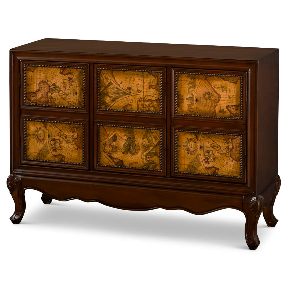Victorian Queen Anne Style Zen Modern Asian Cabinet with World Map Motif