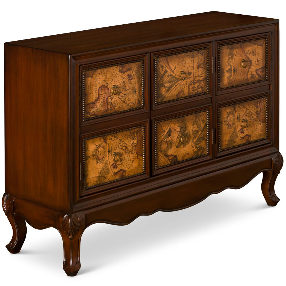 Victorian Queen Anne Style Zen Modern Asian Cabinet with World Map Motif