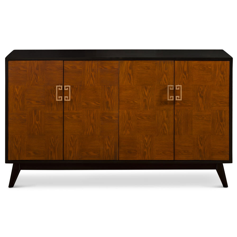 Wood Checker Motif Four Door Zen Modern Asian Cabinet