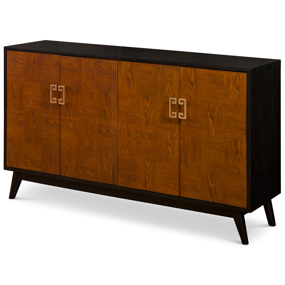 Wood Checker Motif Four Door Zen Modern Asian Cabinet