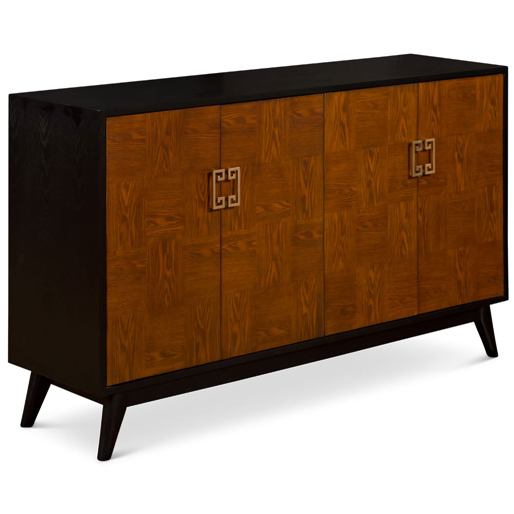 Wood Checker Motif Four Door Zen Modern Asian Cabinet