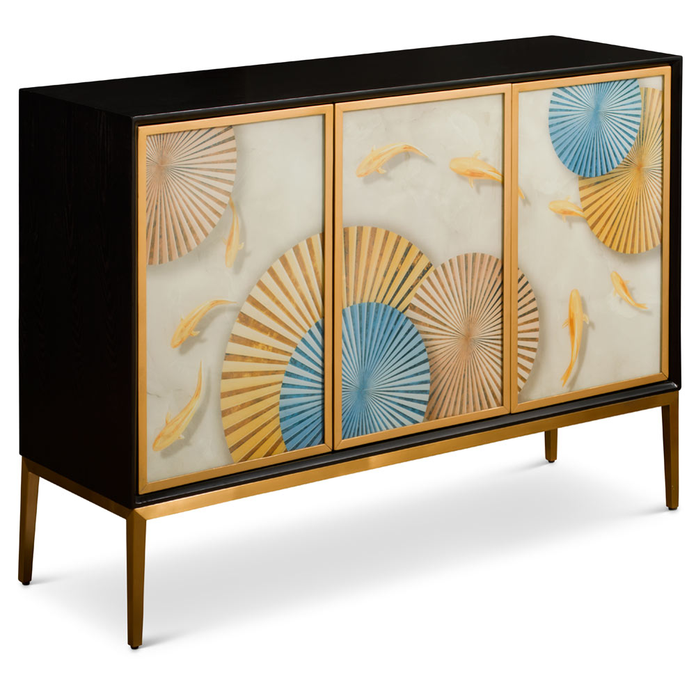 Koi Motif Zen Modern Asian Cabinet with Brass Frame