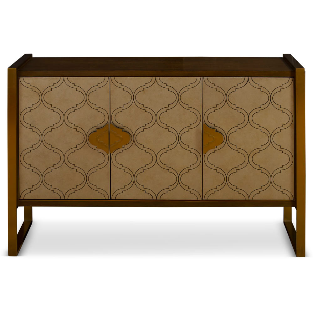 Moroccan Pattern Motif Three-Door Zen Modern Asian Cabinet with Brass Frame