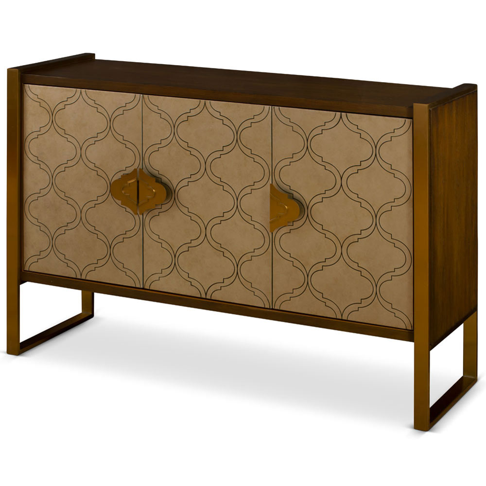 Moroccan Pattern Motif Three-Door Zen Modern Asian Cabinet with Brass Frame