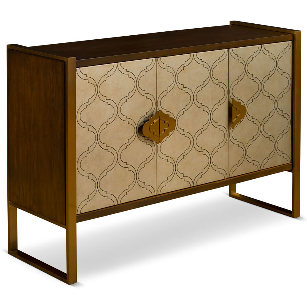 Moroccan Pattern Motif Three-Door Zen Modern Asian Cabinet with Brass Frame