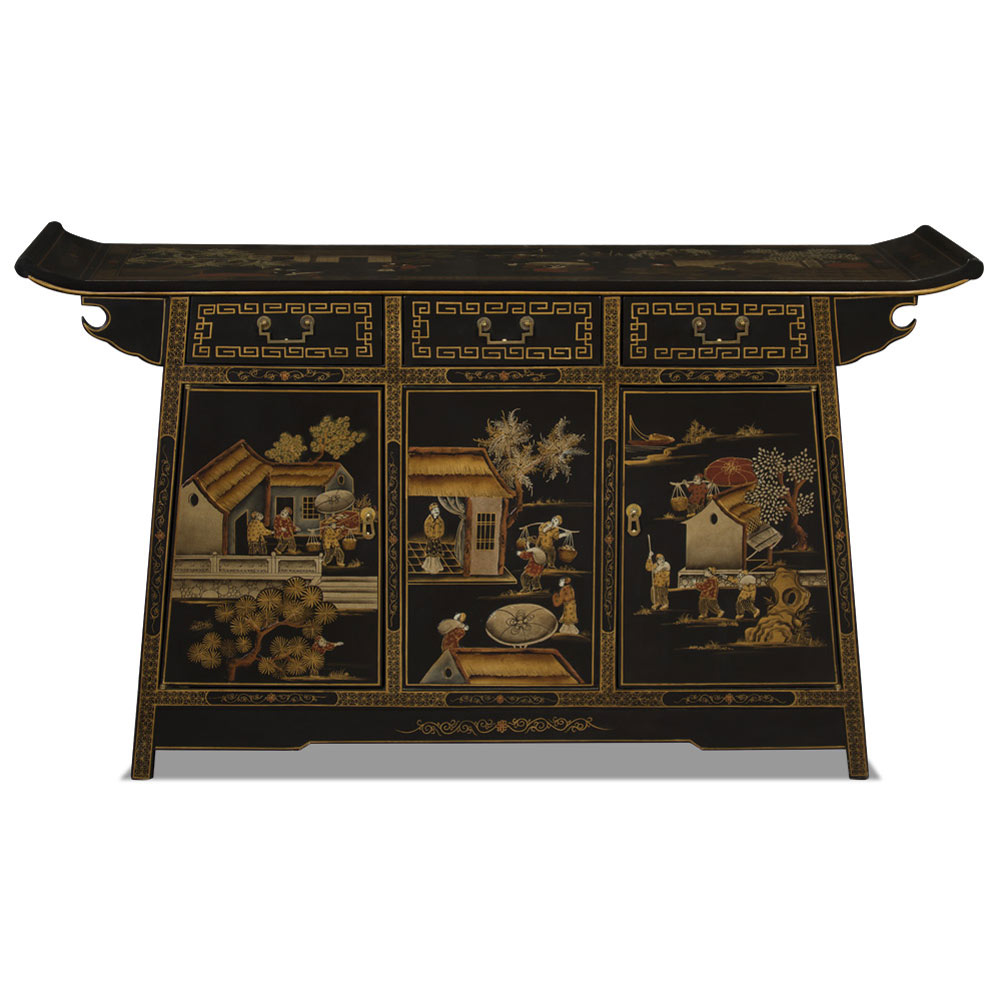 Hand painted Matte Black Chinoiserie Courtyard Motif Chinese Altar Cabinet