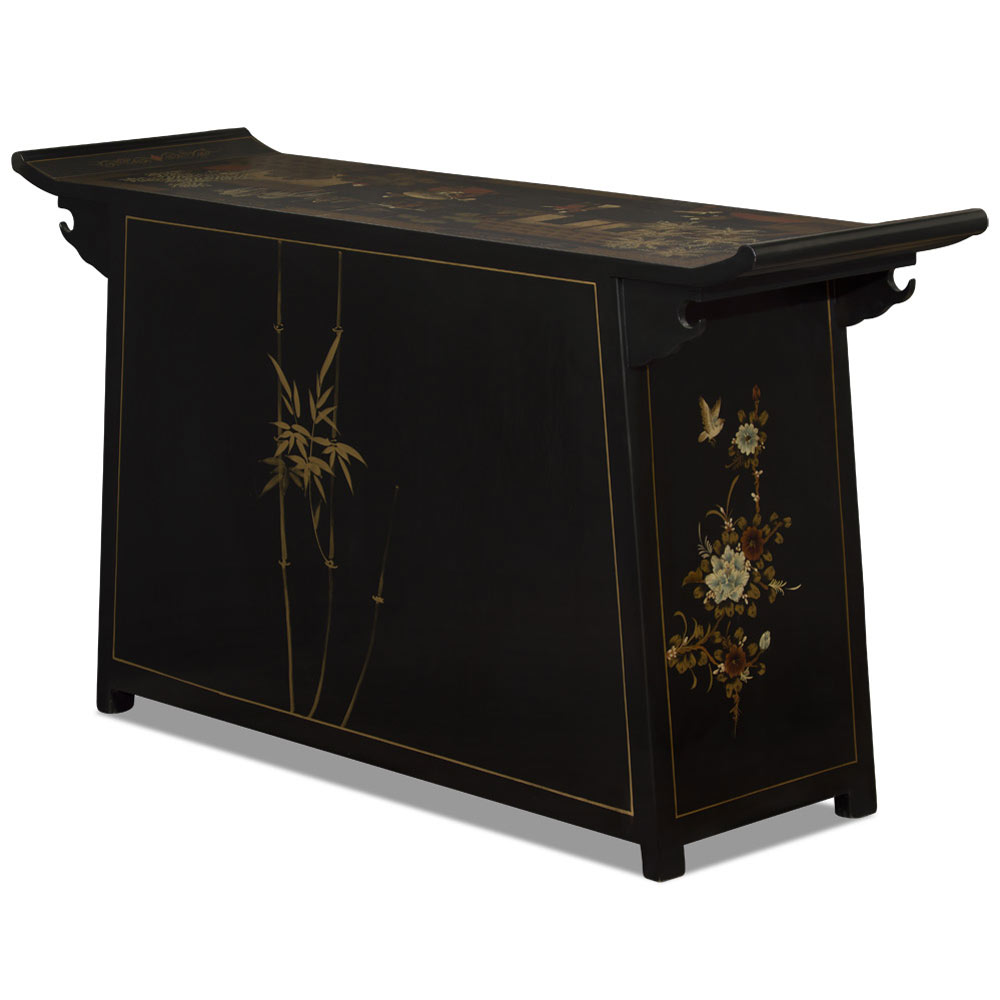 Hand painted Matte Black Chinoiserie Courtyard Motif Chinese Altar Cabinet