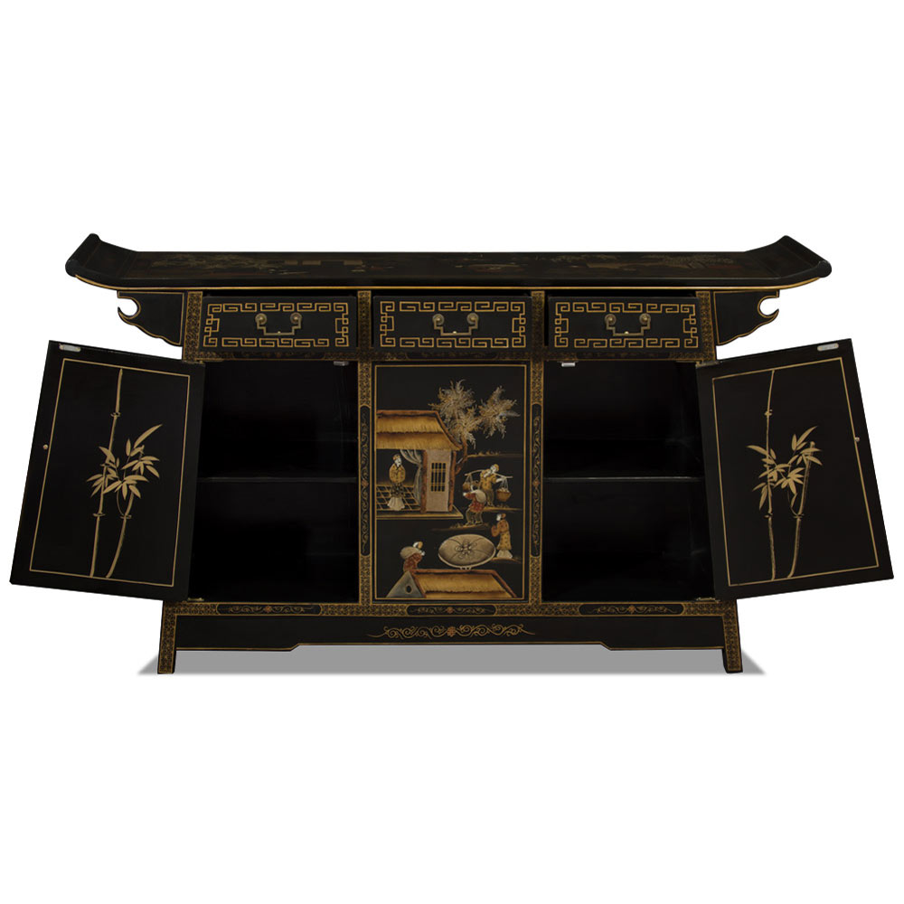 Hand painted Matte Black Chinoiserie Courtyard Motif Chinese Altar Cabinet