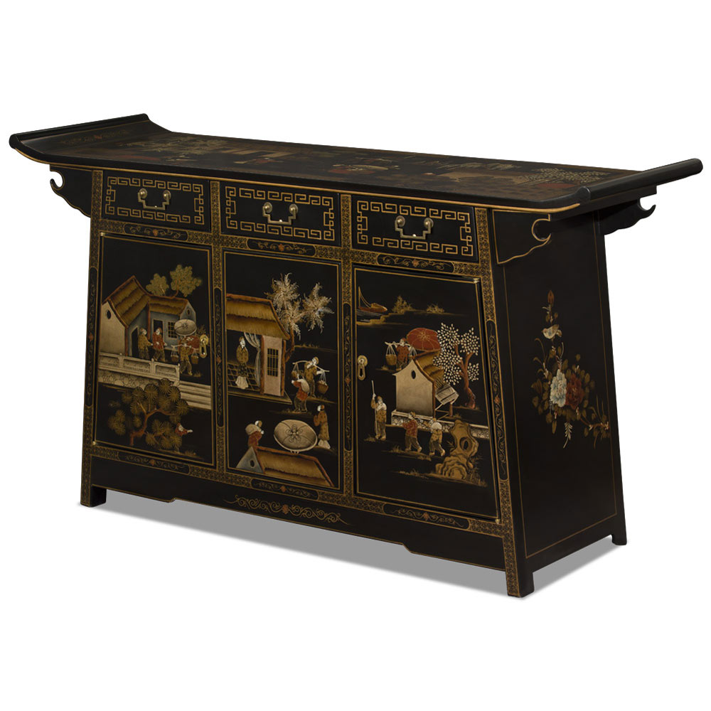 Hand painted Matte Black Chinoiserie Courtyard Motif Chinese Altar Cabinet