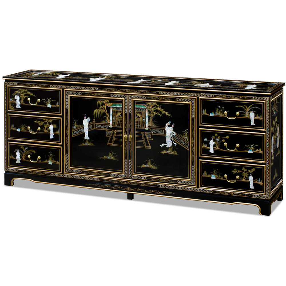 Black Lacquer Mother of Pearl Motif Oriental Sideboard