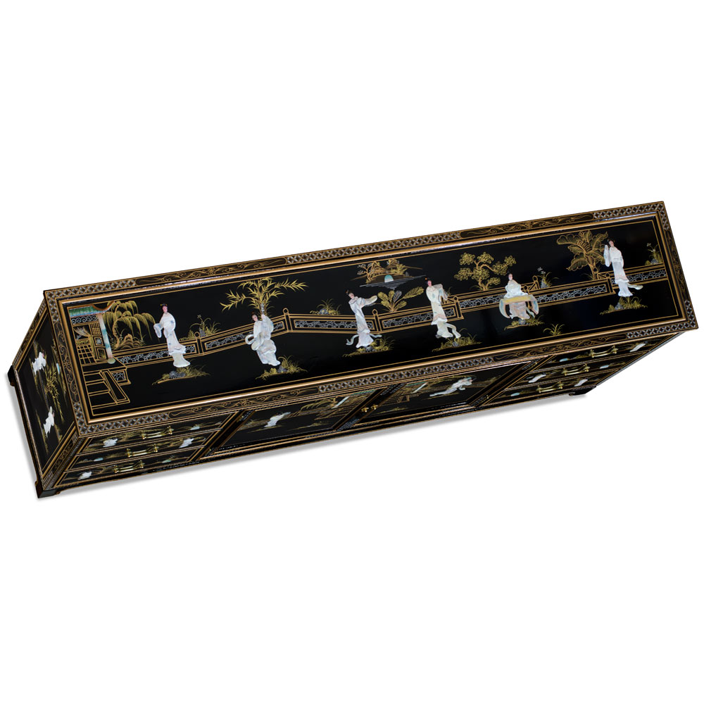 Black Lacquer Mother of Pearl Motif Oriental Sideboard