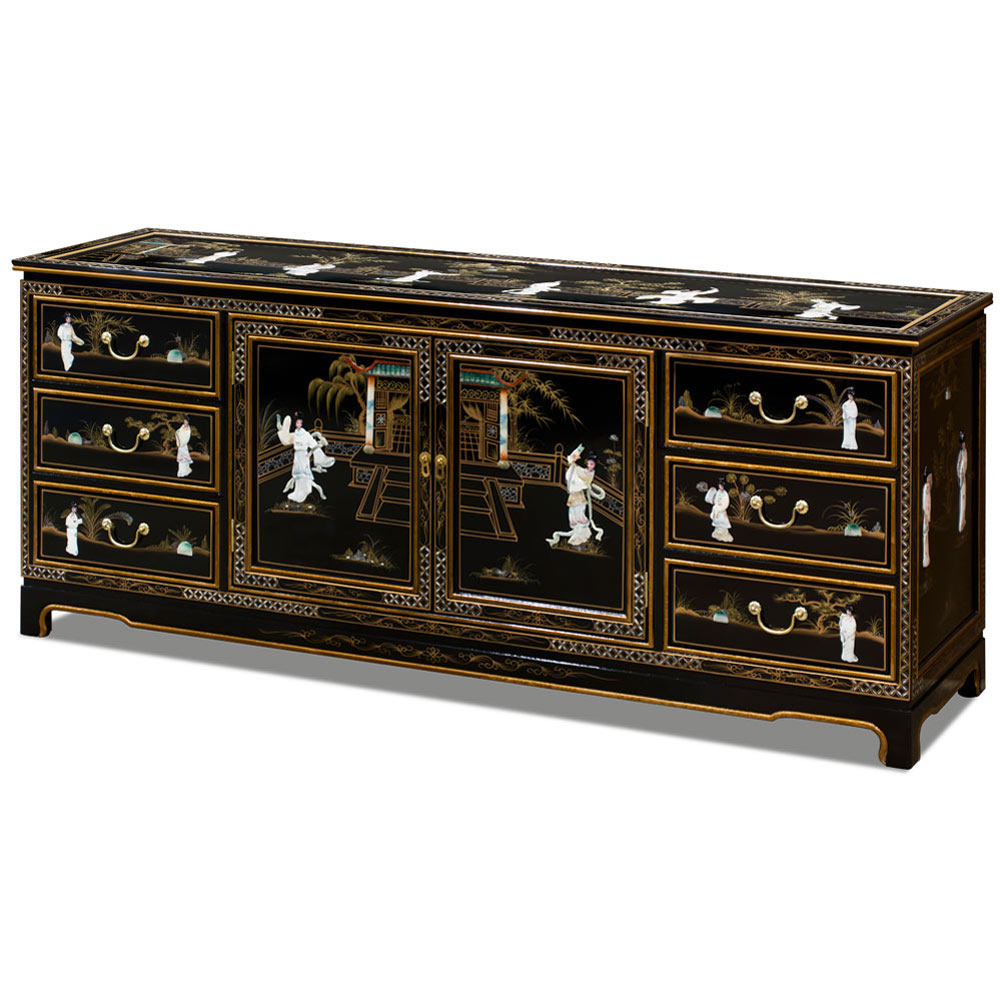 Black Lacquer Mother of Pearl Asian Sideboard