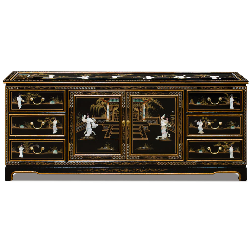 Black Lacquer Mother of Pearl Asian Sideboard