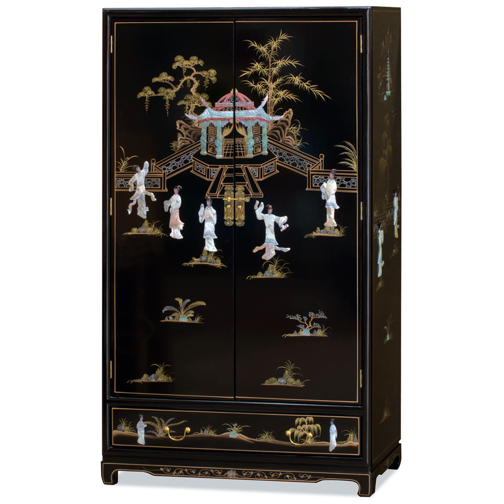 Black Laquer Mother of Pearl Motif Chinese Armoire