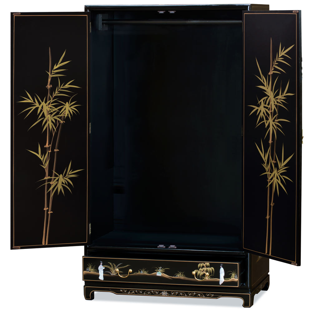 Black Laquer Mother of Pearl Motif Chinese Armoire