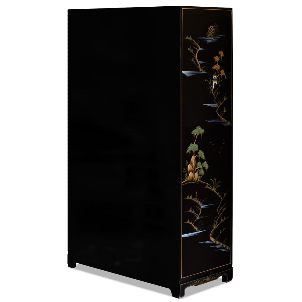 Black Laquer Chinoiserie Scenery Motif Chinese Armoire