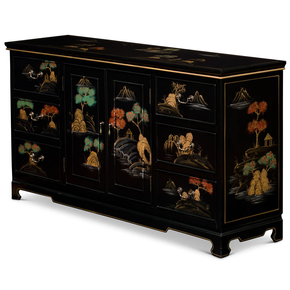 Hand Painted Black Chinoiserie Scenery Motif Oriental Sideboard