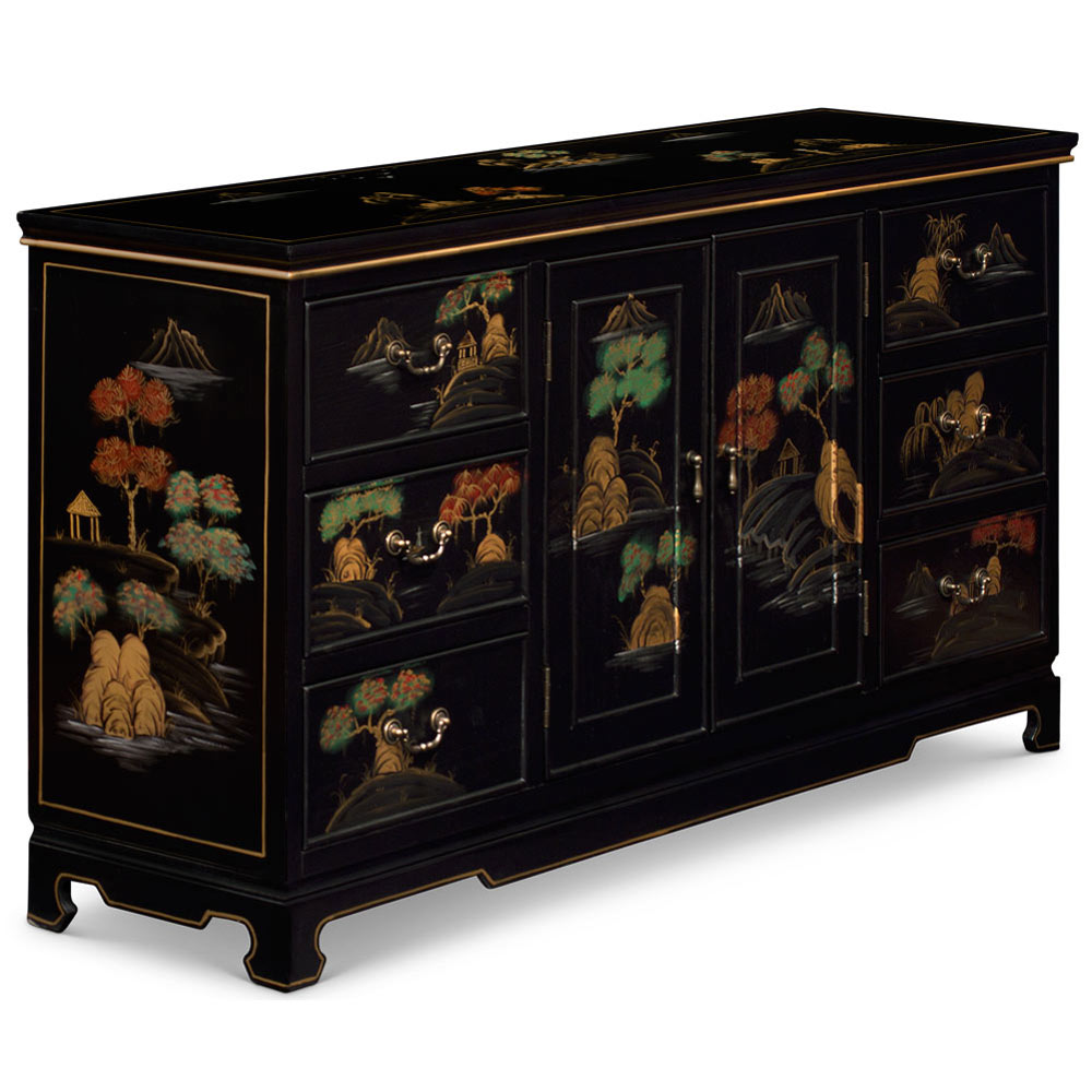 Hand Painted Black Chinoiserie Scenery Motif Oriental Sideboard