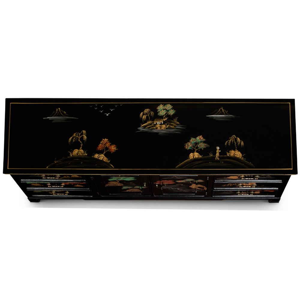 Hand Painted Black Chinoiserie Scenery Motif Oriental Sideboard