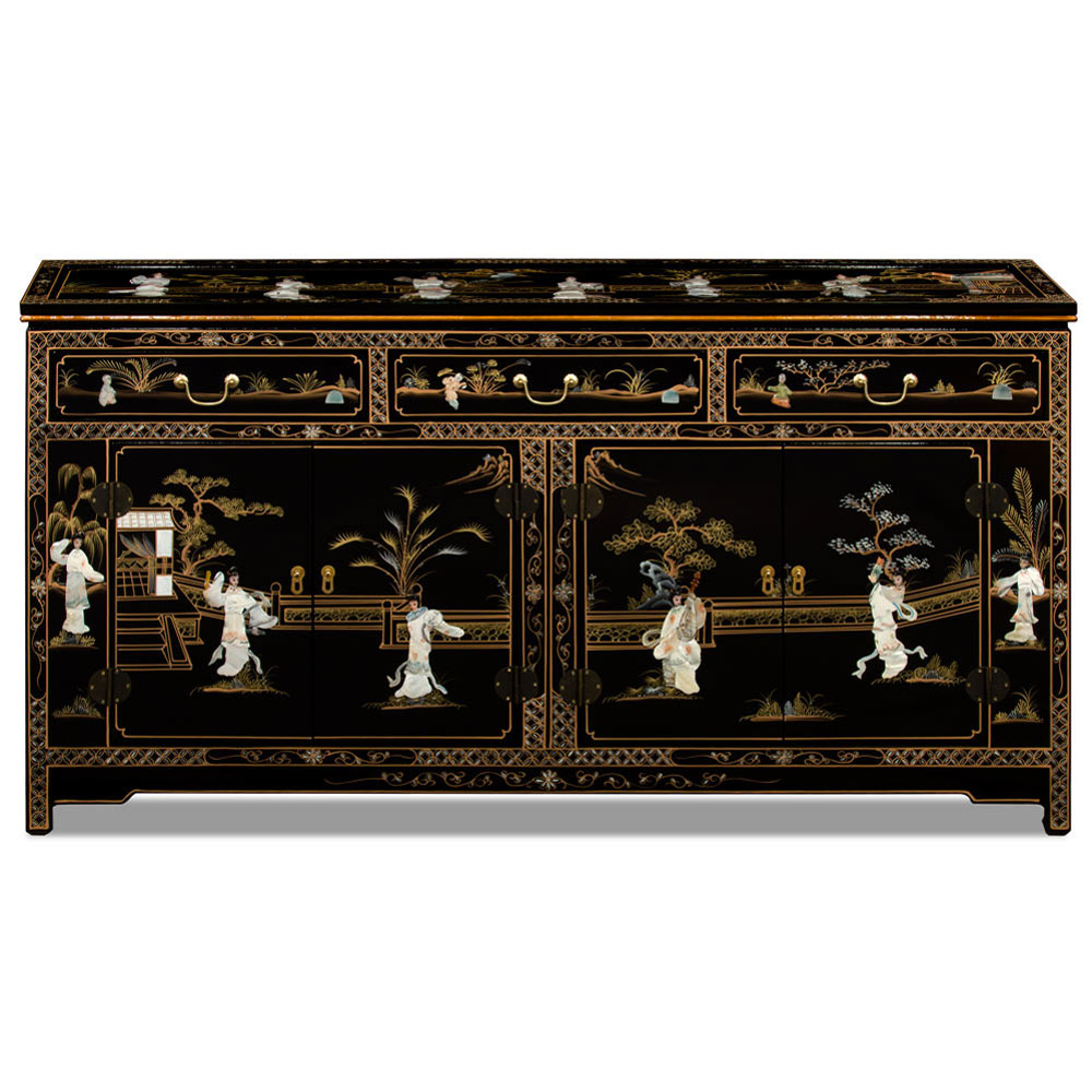 66in Black Lacquer Mother of Pearl Asian Sideboard