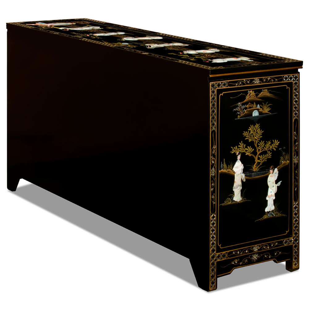 66in Black Lacquer Mother of Pearl Asian Sideboard