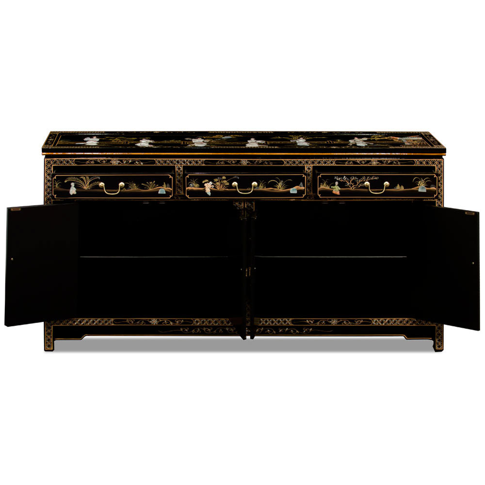 66in Black Lacquer Mother of Pearl Asian Sideboard