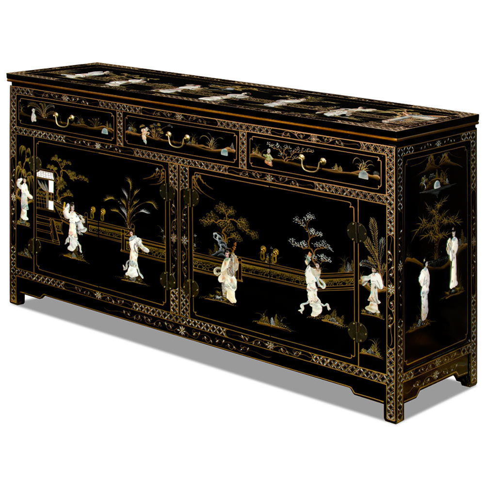 66in Black Lacquer Mother of Pearl Asian Sideboard