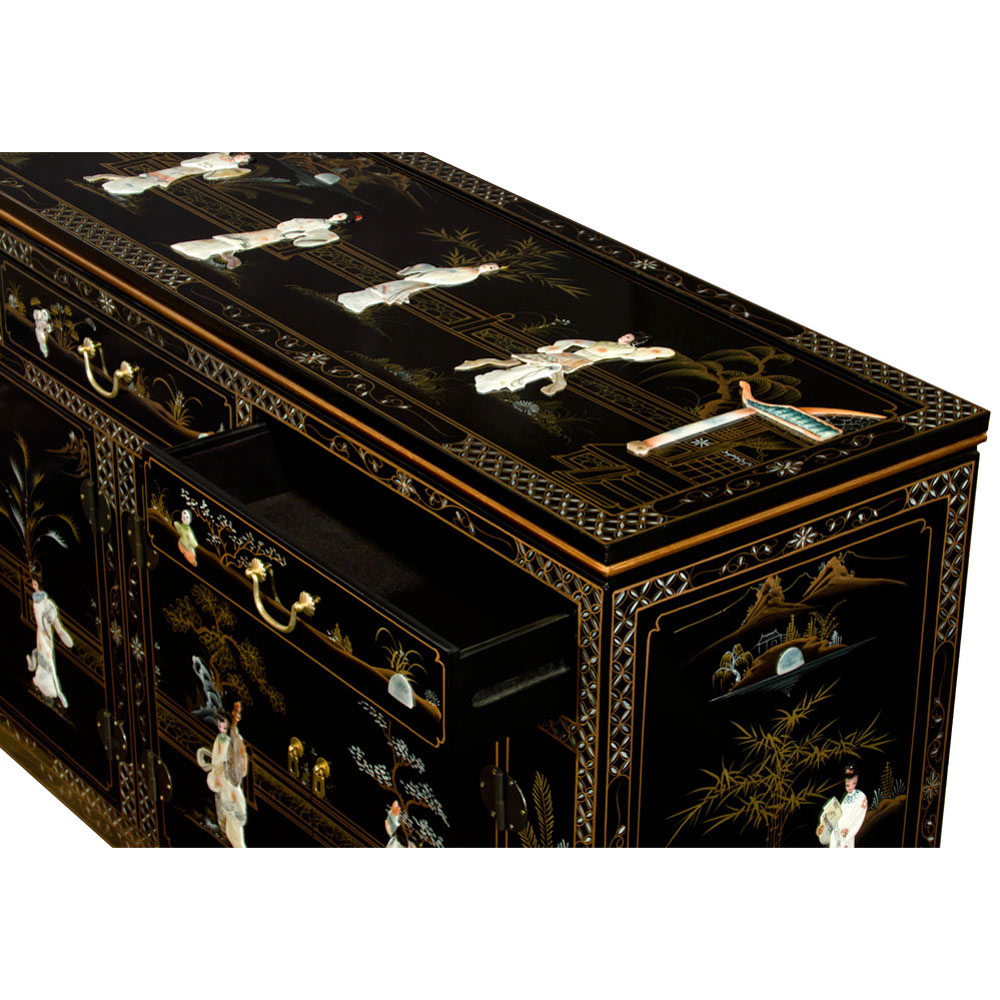 66in Black Lacquer Mother of Pearl Asian Sideboard