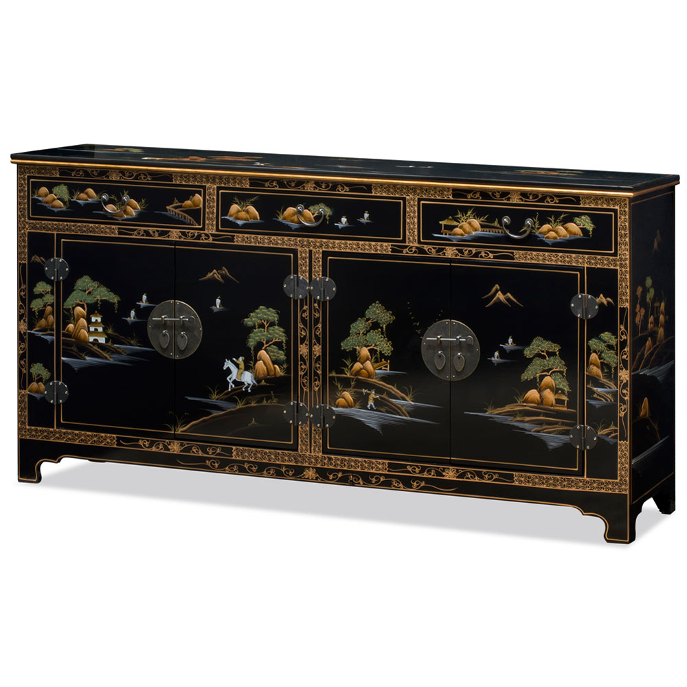 Black Lacquer Chinoiserie Scenery Motif Oriental Sideboard