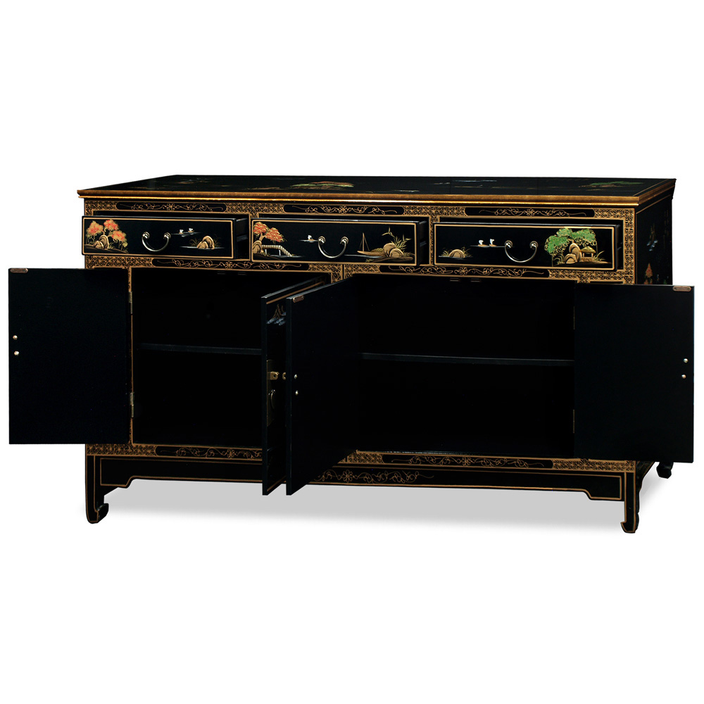 Chinoiserie Scenery Black Lacquer Sideboard
