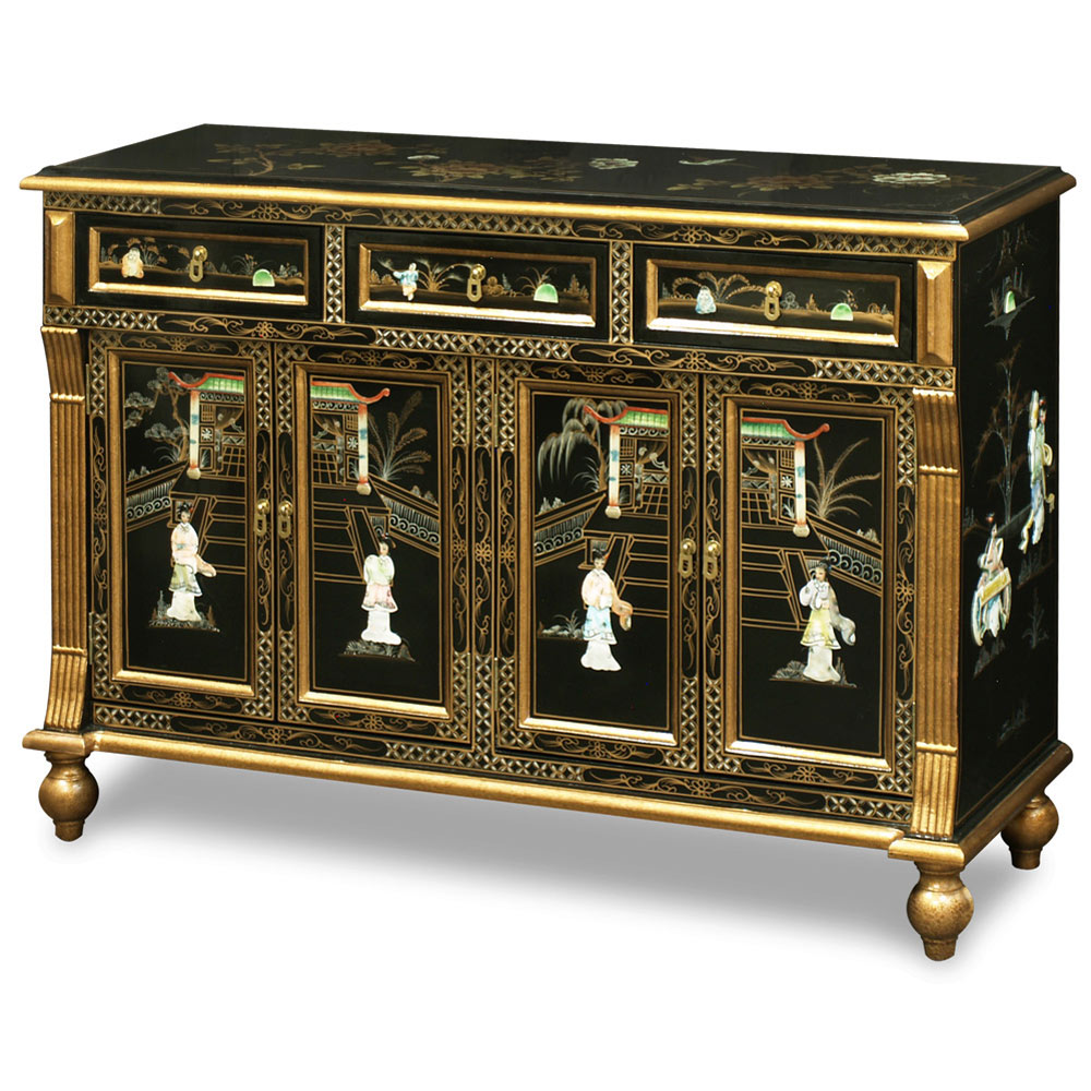 Gold Trim Black Lacquer Mother of Pearl Oriental Sideboard