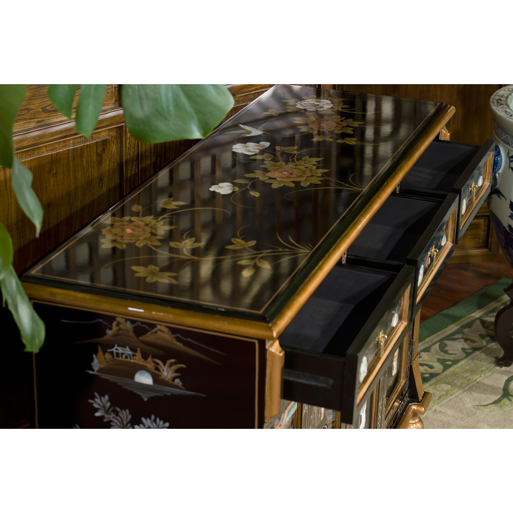 Gold Trim Black Lacquer Mother of Pearl Oriental Sideboard