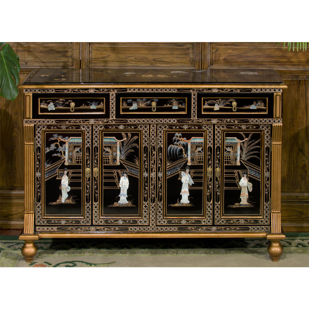 Gold Trim Black Lacquer Mother of Pearl Oriental Sideboard