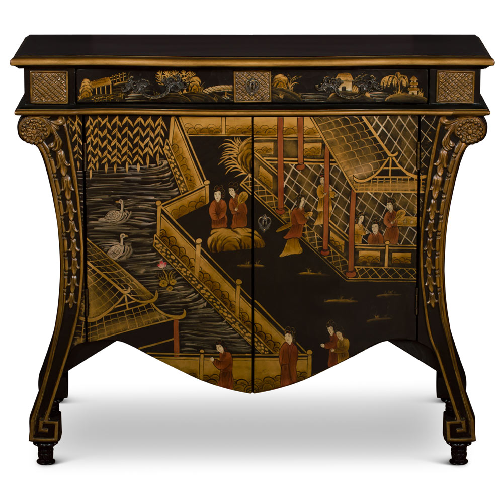 Black Crackle Chinoiserie Courtyard French Motif Oriental Commode