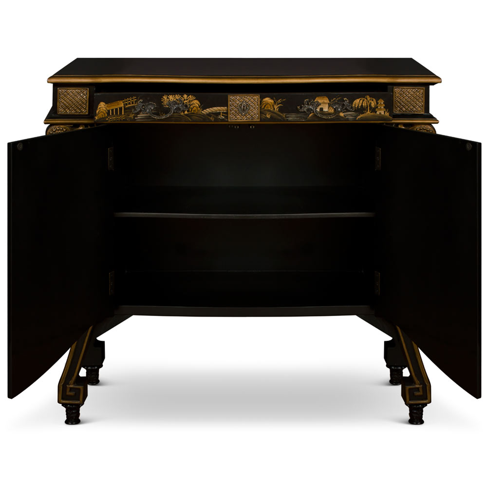 Black Crackle Chinoiserie Courtyard French Motif Oriental Commode