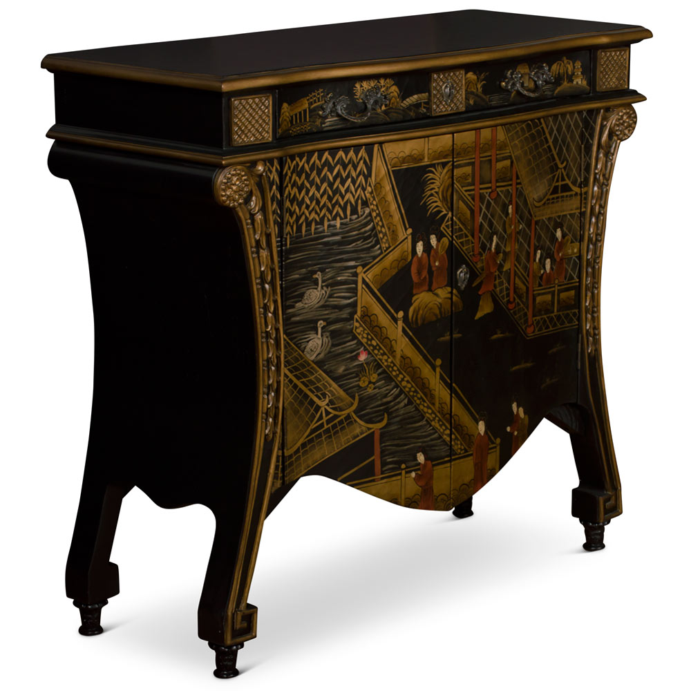 Black Crackle Chinoiserie Courtyard French Motif Oriental Commode