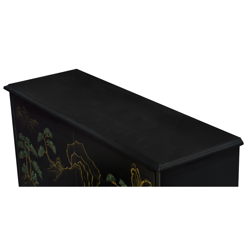 Black Lacquer Chinoiserie Scenery Motif Mandarin Cabinet