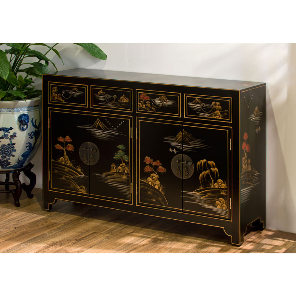 Black Lacquer Chinoiserie Scenery Motif Oriental Sideboard