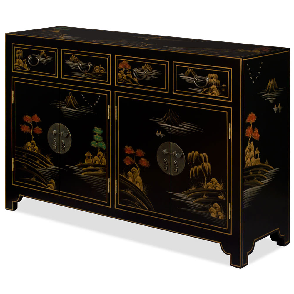 Black Lacquer Chinoiserie Scenery Motif Oriental Sideboard