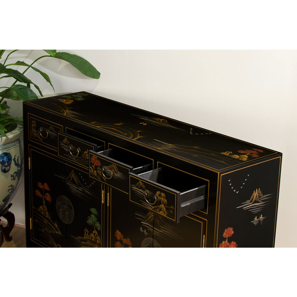 Black Lacquer Chinoiserie Scenery Motif Oriental Sideboard