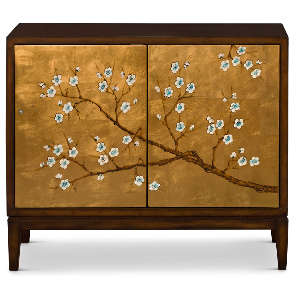 Hand Painted Gold Leaf Cherry Blossom Motif Modern Oriental Cabinet