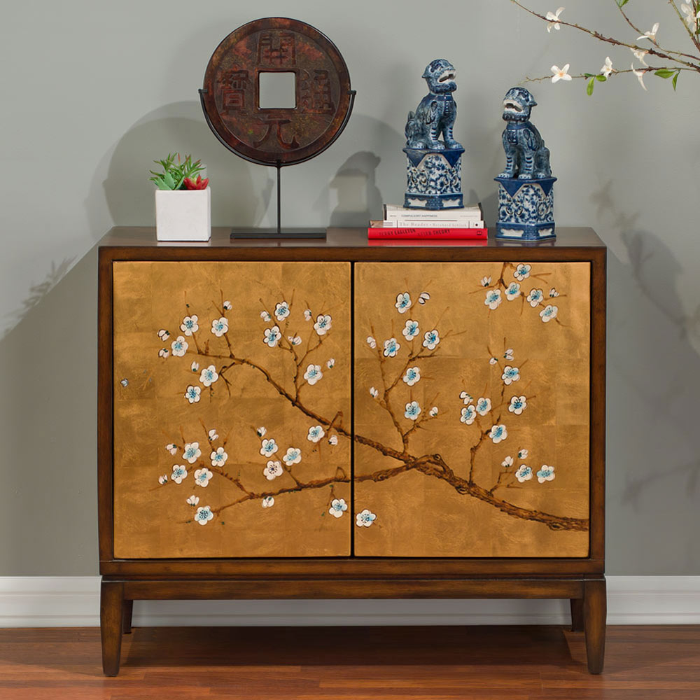 Hand Painted Gold Leaf Cherry Blossom Motif Modern Oriental Cabinet