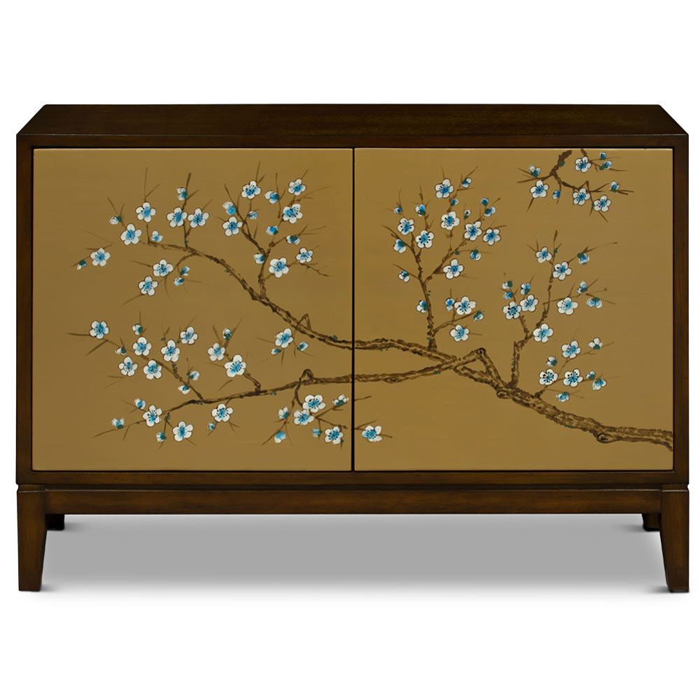 Gold Cherry Blossom Motif Two Door Oriental Cabinet