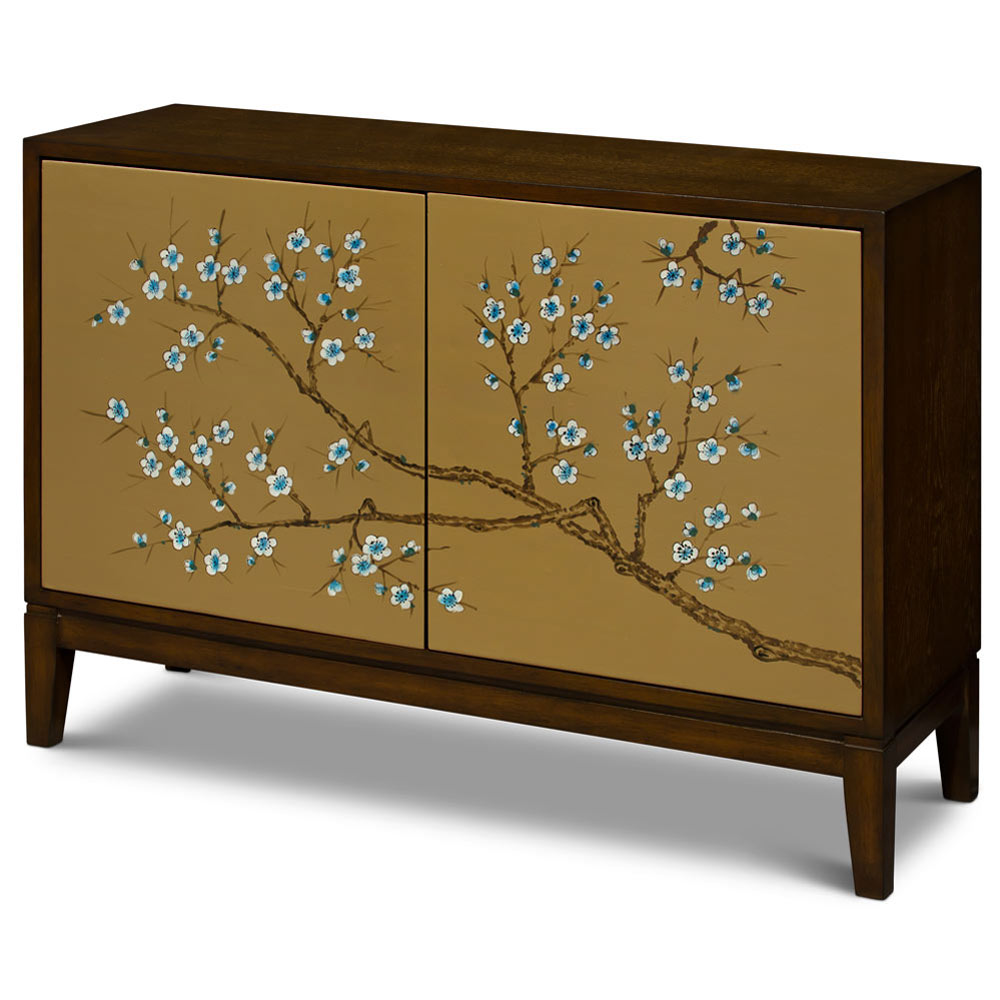 Gold Cherry Blossom Motif Two Door Oriental Cabinet