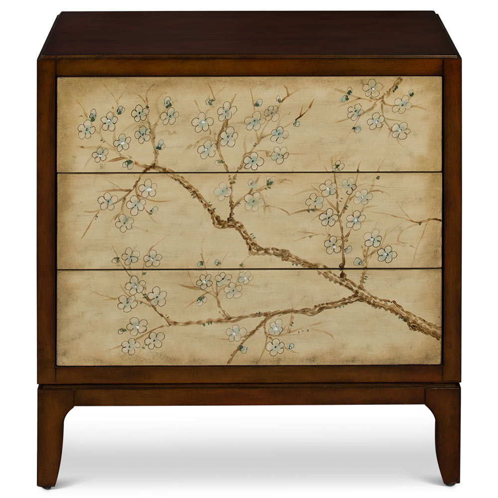 Hand Painted Cherry Blossom Motif Oriental Chest of Three Drawers