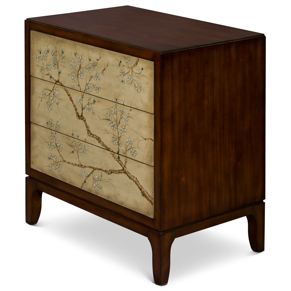 Hand Painted Cherry Blossom Motif Oriental Chest of Three Drawers