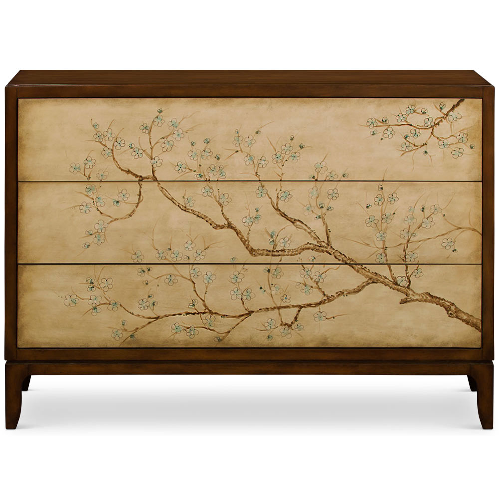 50in Hand Painted Cherry Blossom Motif Oriental Chest of Three Drawers