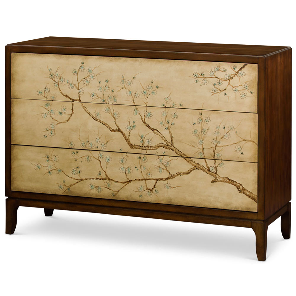 50in Hand Painted Cherry Blossom Motif Oriental Chest of Three Drawers