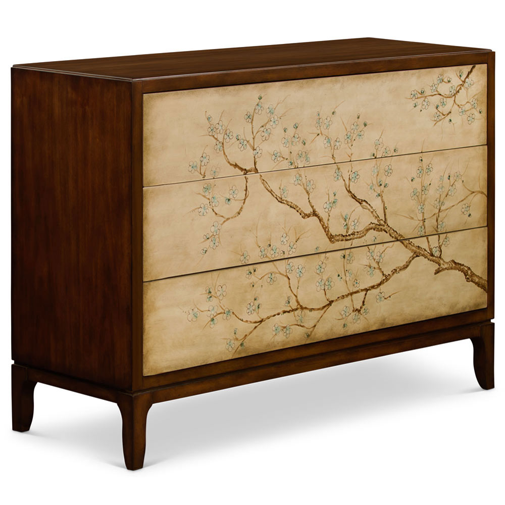 50in Hand Painted Cherry Blossom Motif Oriental Chest of Three Drawers